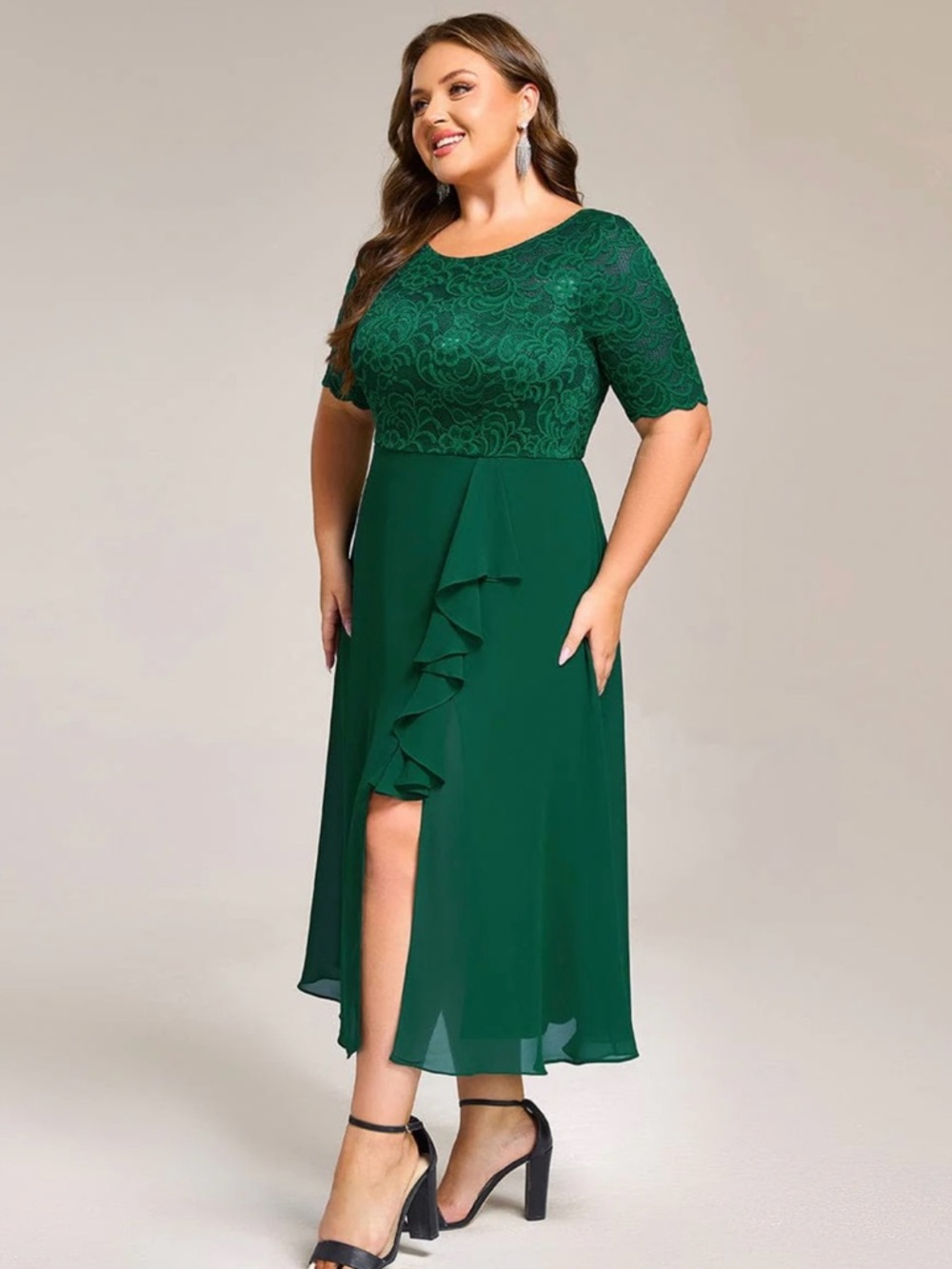 Miusol Emerald Green Lace Bodice Ruffle Midi Dress